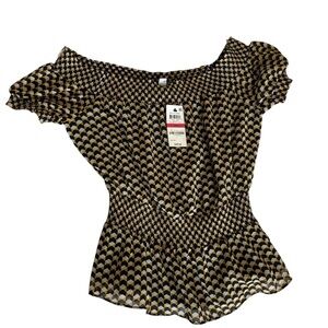 Bar III Black and White Flutter Sleeve Smocked Blouse